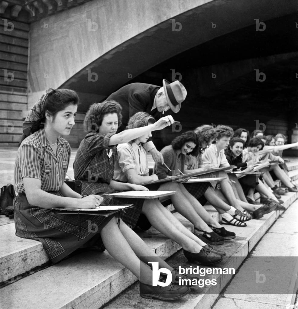 Young Women Drawing on The Edge of The Seine River, Paris, June 9, 1946 (b/w photo)