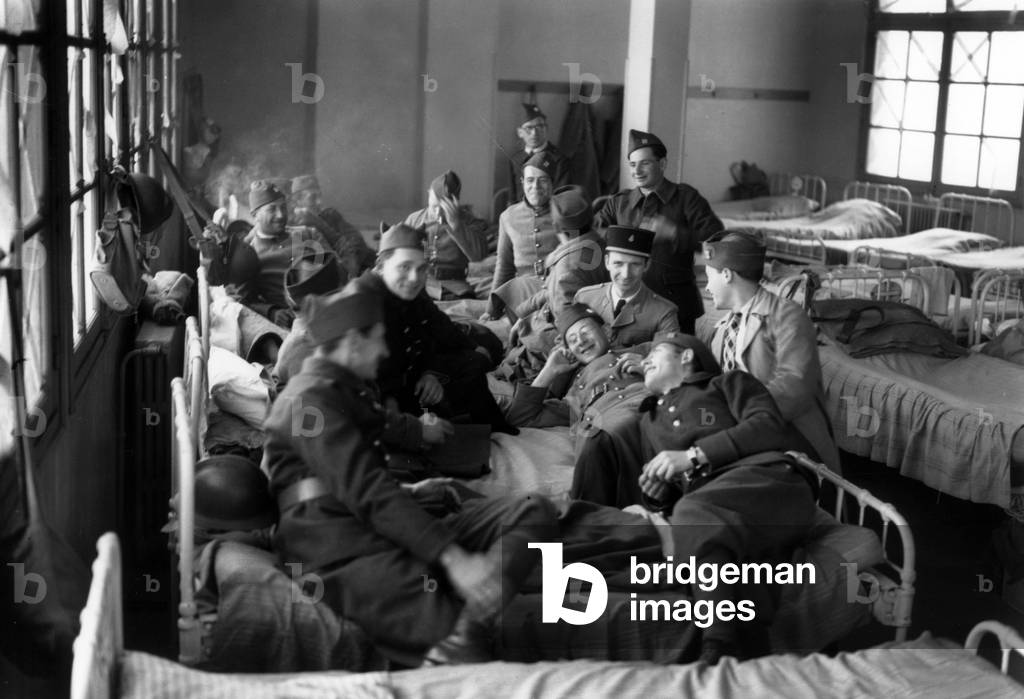 Dormitory of Young Jewish Recruits at Montmartre Reception Centre in Paris in 1939 (b/w photo)