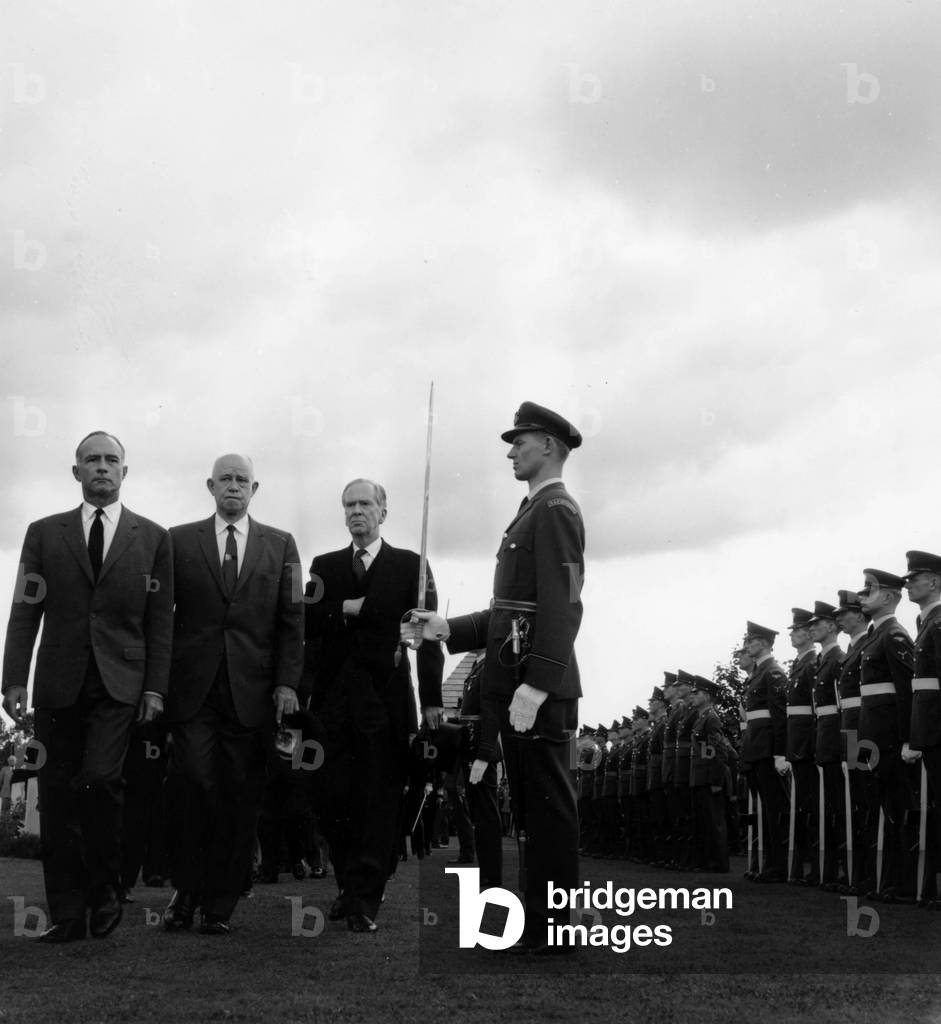 Commemorative Ceremony in France For 20Th Anniversary of Normandy Landings June 6, 1964 With Canadian American English and French Troops and Personalities : here General Bradley Representative of American President Lyndon Johnson Who Was Head of First American Army , Mr Sainte Minister of The Veterans , Mr Triboulet Chairman of The Landings Committee and Sir Pierson Dixon (b/w photo)