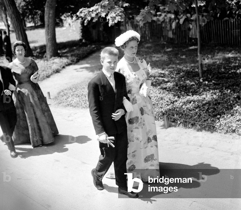 Wedding of Henry of France Count of Clermont , Son of Count-Of-Paris, With Mary Theresa of Wurtemberg July 05, 1957 in Dreux : here Arriving of Prince Jacques of France (16), Brother of The Groom, With The Duchess Elizabeth of Wurtemberg (b/w photo)