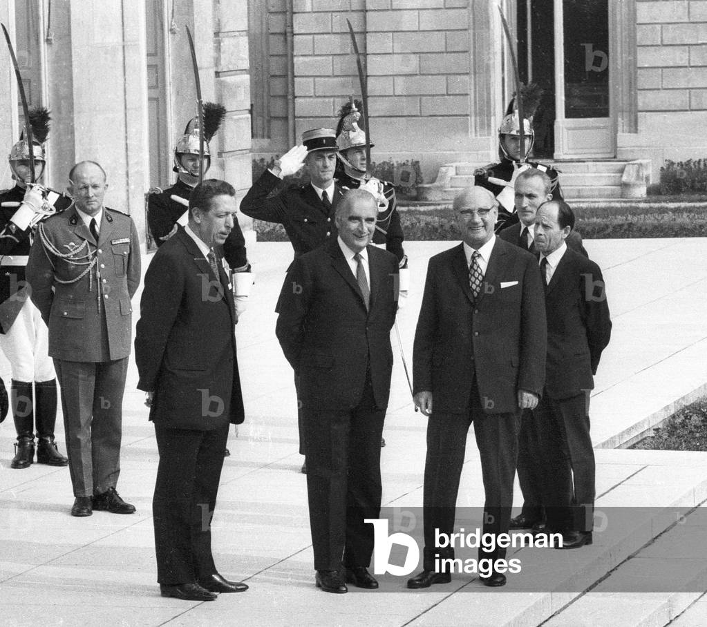 French President Georges Pompidou and Austrian President Franz Jonas at Elysee, Paris, March 21, 1972 (b/w photo)