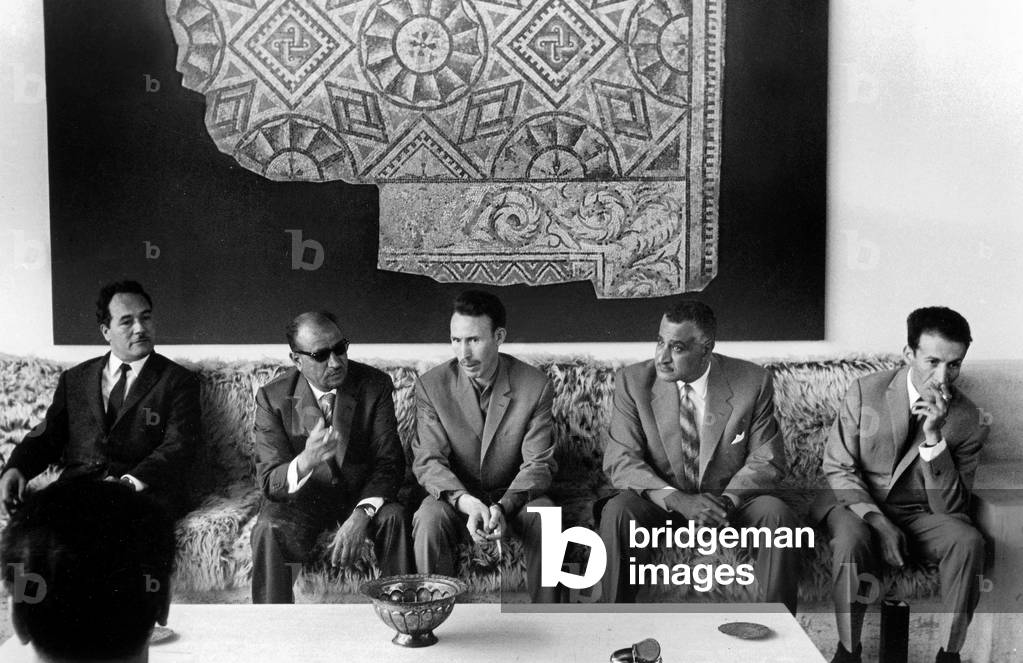 President of Yemen Abdullah As-Sallal, (second from left), next to Algerian President Houari Boumediene and Egyptian President Nasser here in Algiers, September 1965 (b/w photo)