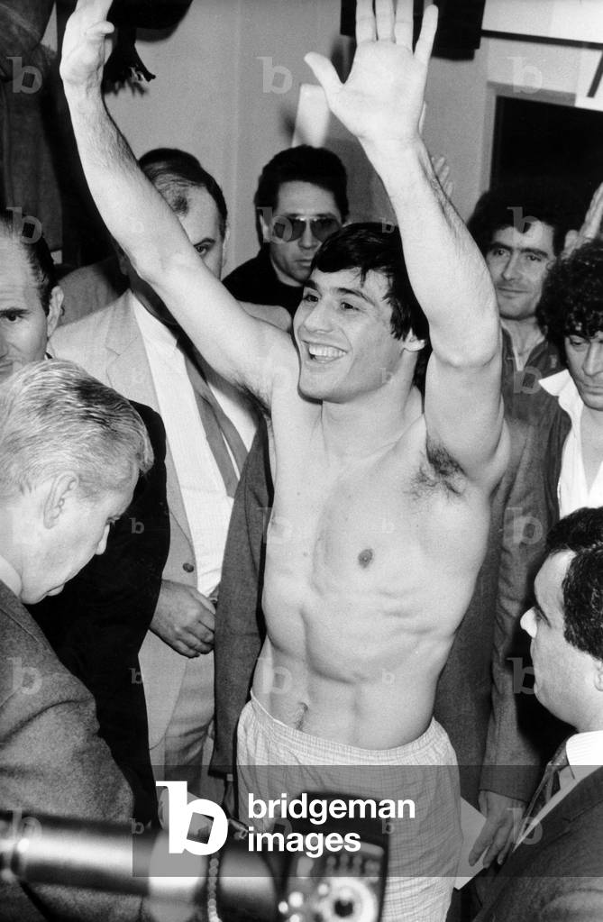 French Boxer Louis Acaries during Weighing Before Match Against American Daveymoore in Paris December 10, 1984 (b/w photo)