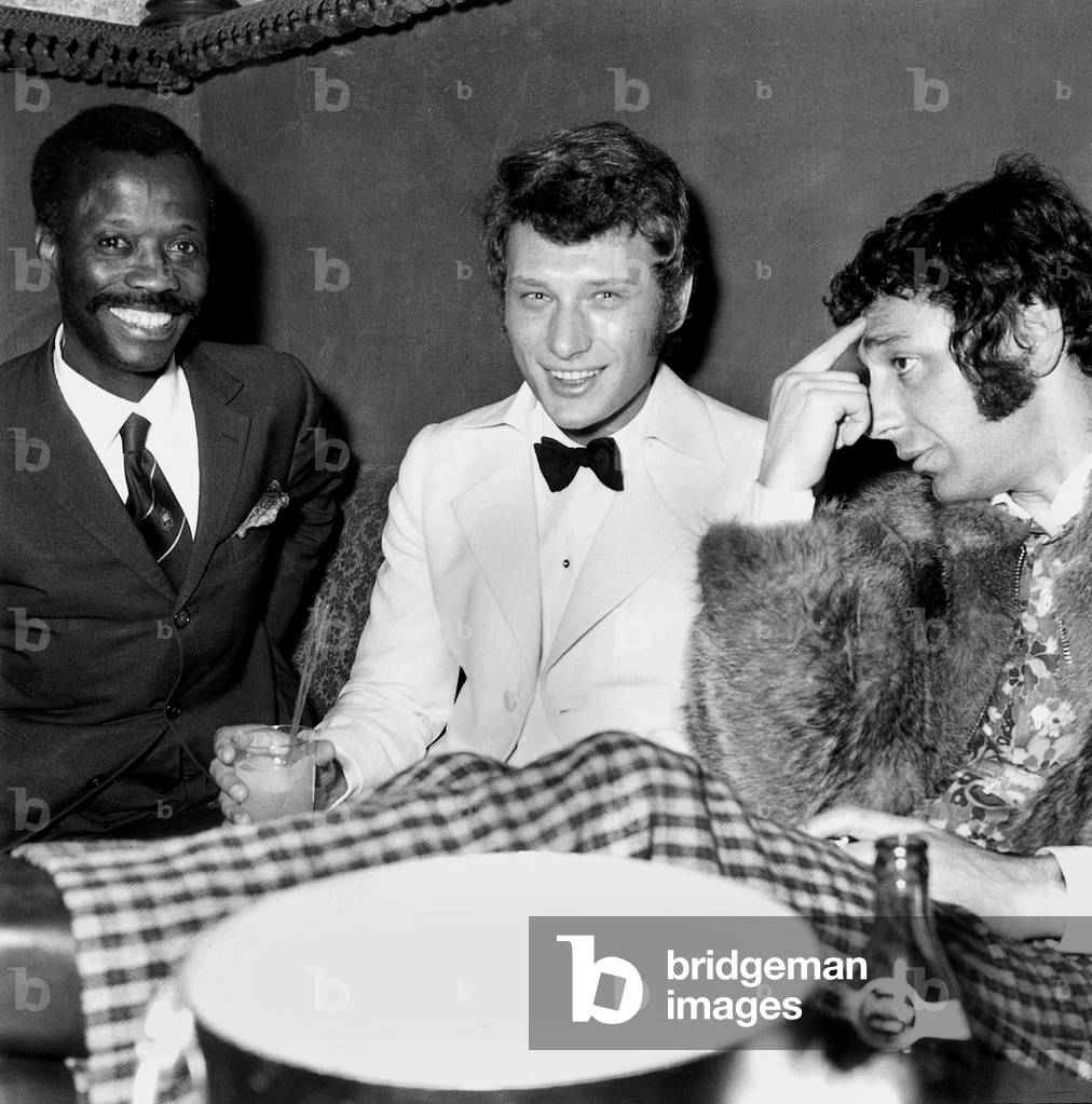 Johnny Hallyday With Radio-Presenter Hubert Wayaff After Premiere of Hallyday-Vartan Show at Olympia March 13, 1967 (b/w photo)