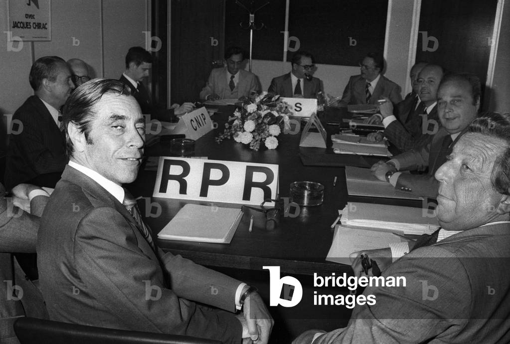 French politicians Yves Guena and General Emmanuel Aubert at RPR meeting, Paris, August 31, 1977 (b/w photo)
