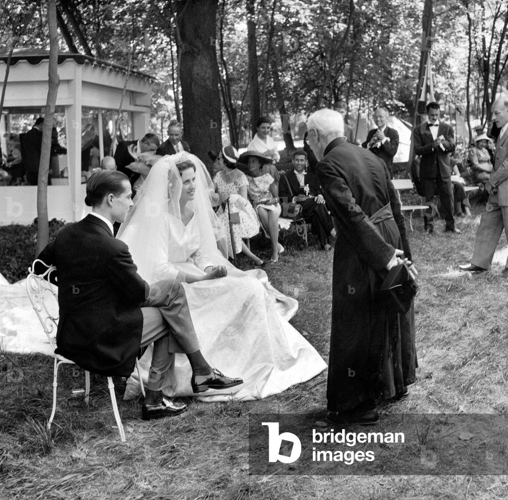 Wedding of Henry of Orleans, Count of Clermont, With Mary Theresa of Wurtemberg in Dreux July 05, 1957 (b/w photo)