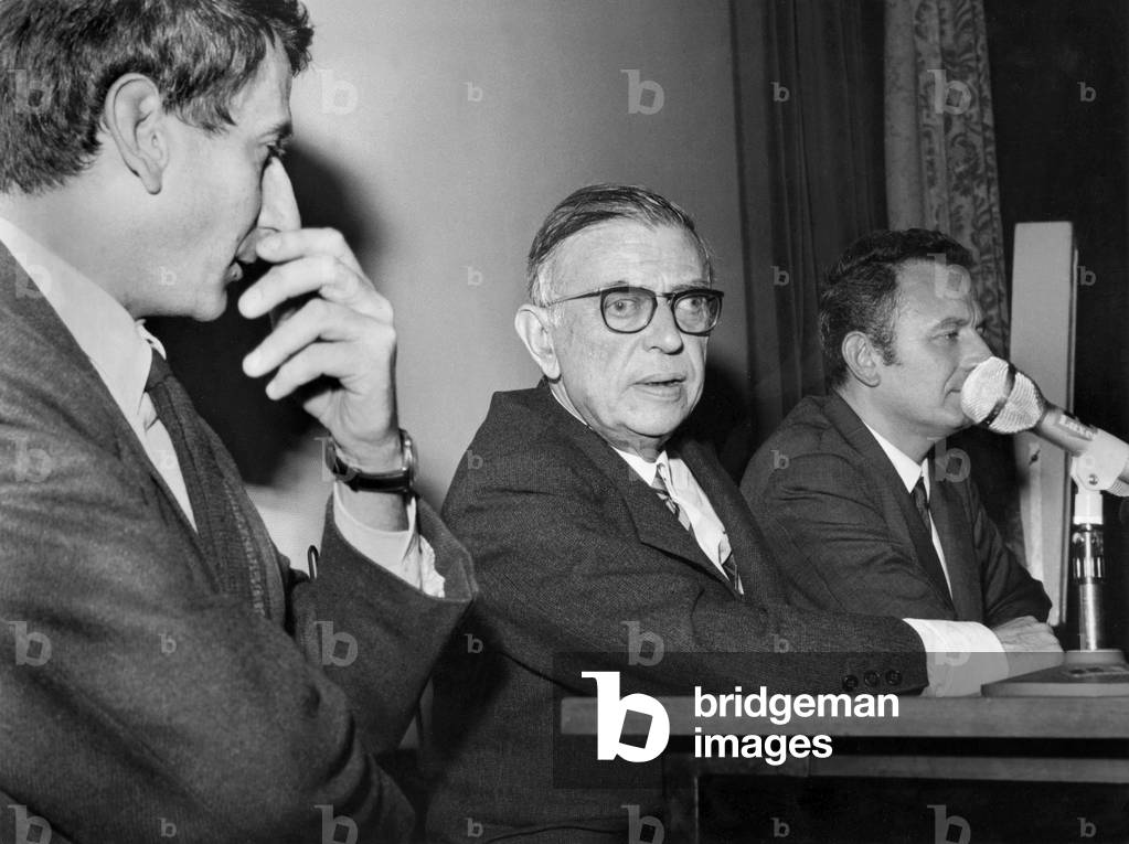 Author Jean Paul Sartre , With Director Serge Roullet (L) and Radio-Journalist Jean Garlier (R) during Meeting With American and Parisian Students After Presentation (At The Same Time in Paris and New York) of Film 