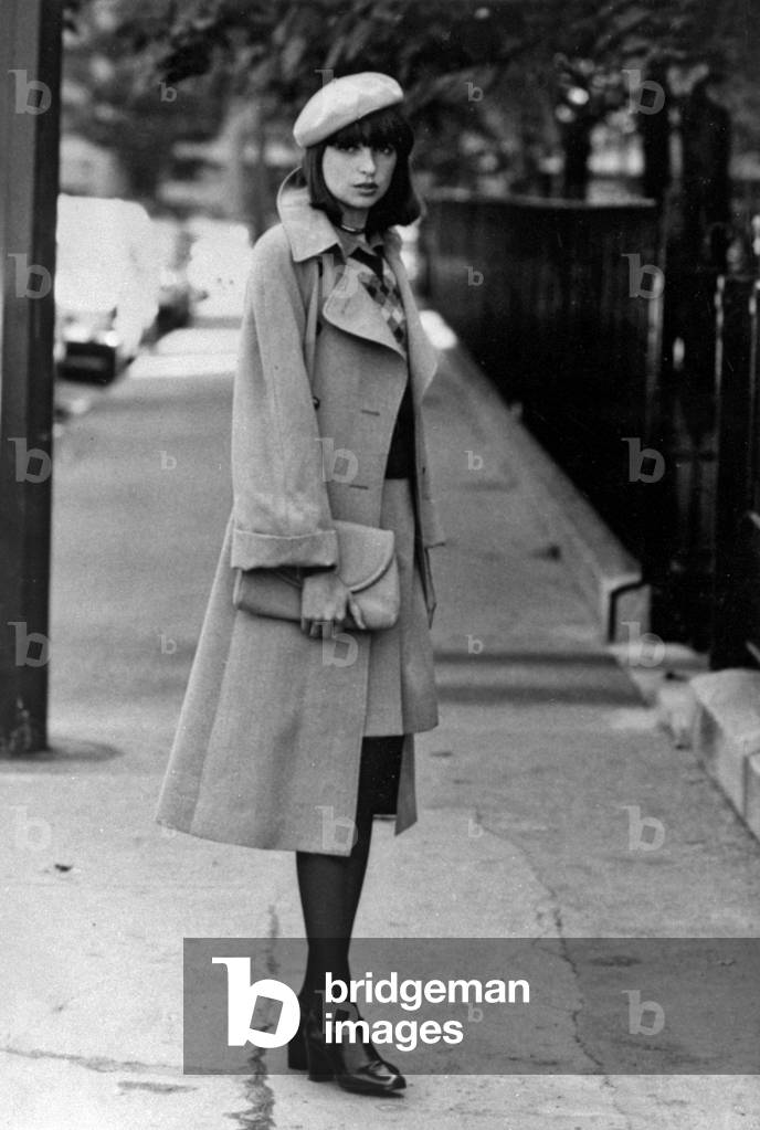 Fashion by Emmanuelle Khanh, August 7, 1973 : coat and skirt (b/w photo)