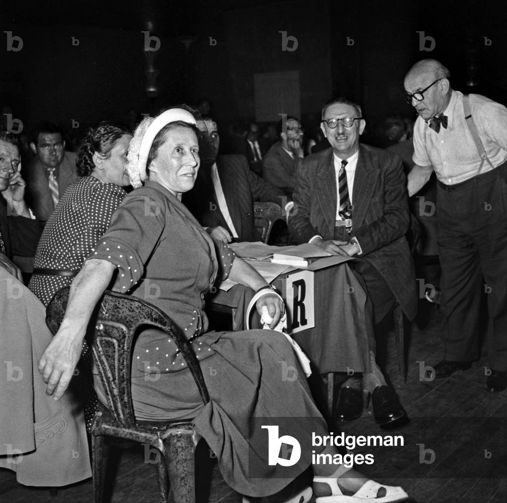 Meeting of Socialist Party, Paris, July 15, 1949 : Jules Moch Speaking With Salomon Grumbach, Foreground : Mrs Jules Moch (b/w photo)