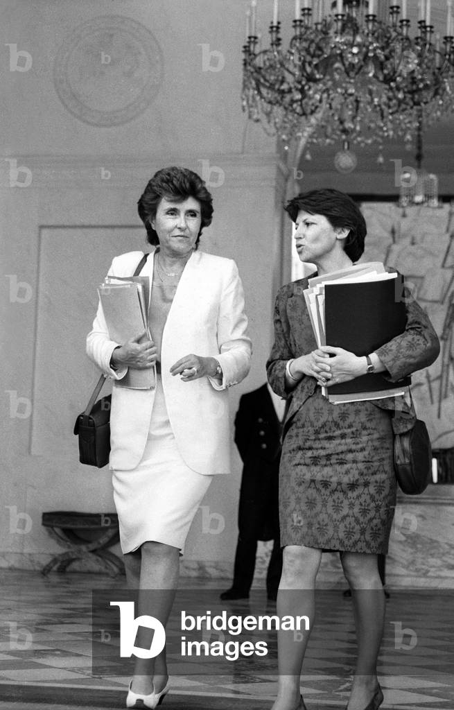 Edith Cresson, French Prime Minister, and Martine Aubry, French Minister of Social Affairs and Employment, After Council of Ministers, Leaving Elysee, Paris, September 18, 1991 (b/w photo)