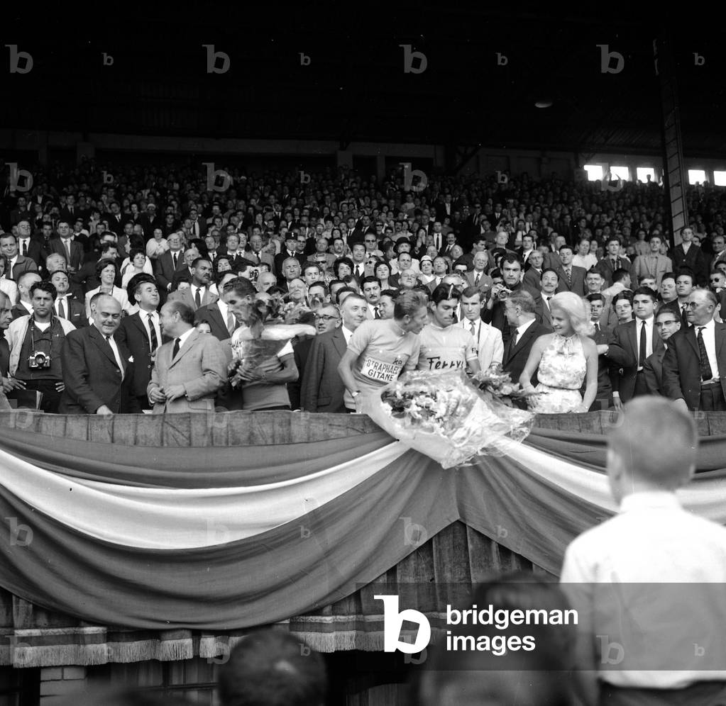 Arrival of Tour De France at The Parc Des Princes in Paris on July 14, 1963 : Federico Bahamontes (2Nd) Jacques Anquetil (Winner) Et Jose Perez Frances (3Rd) (b/w photo)
