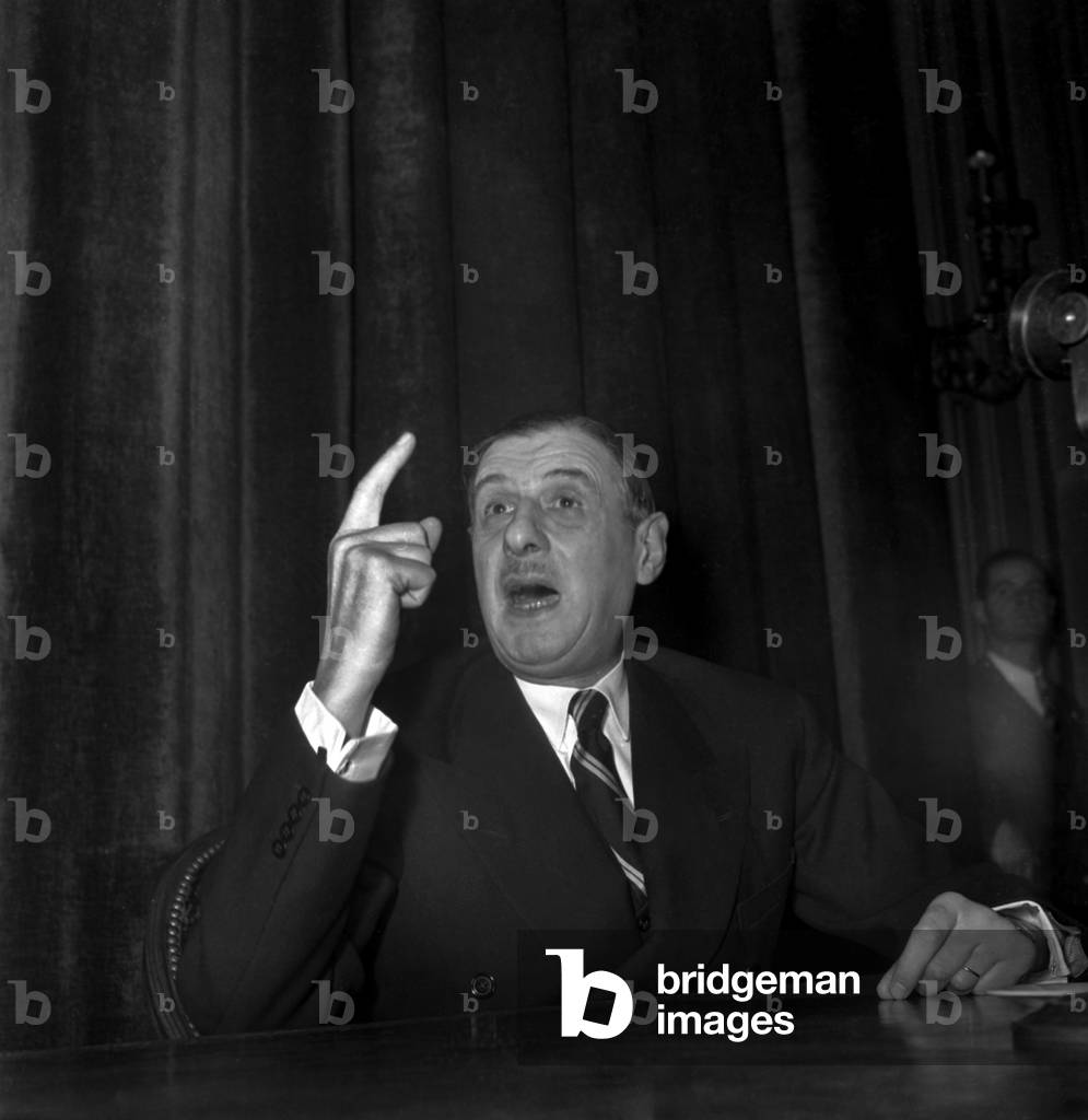 French General Charles De Gaulle during A Press Conference in Paris, November 12, 1947 (b/w photo)