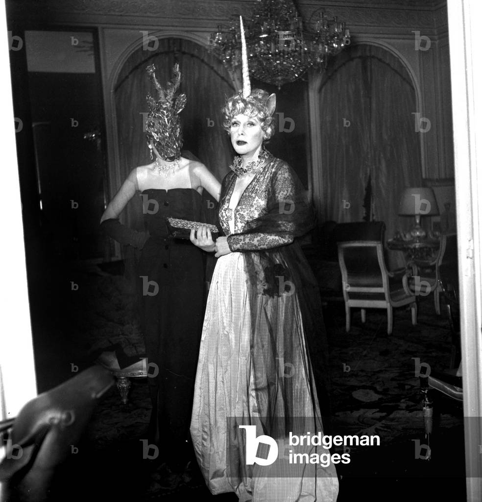 Fancy Dress Ball in Paris on March 24, 1949 : Lady Diana Cooper As Unicorn and the Laurel (b/w photo)