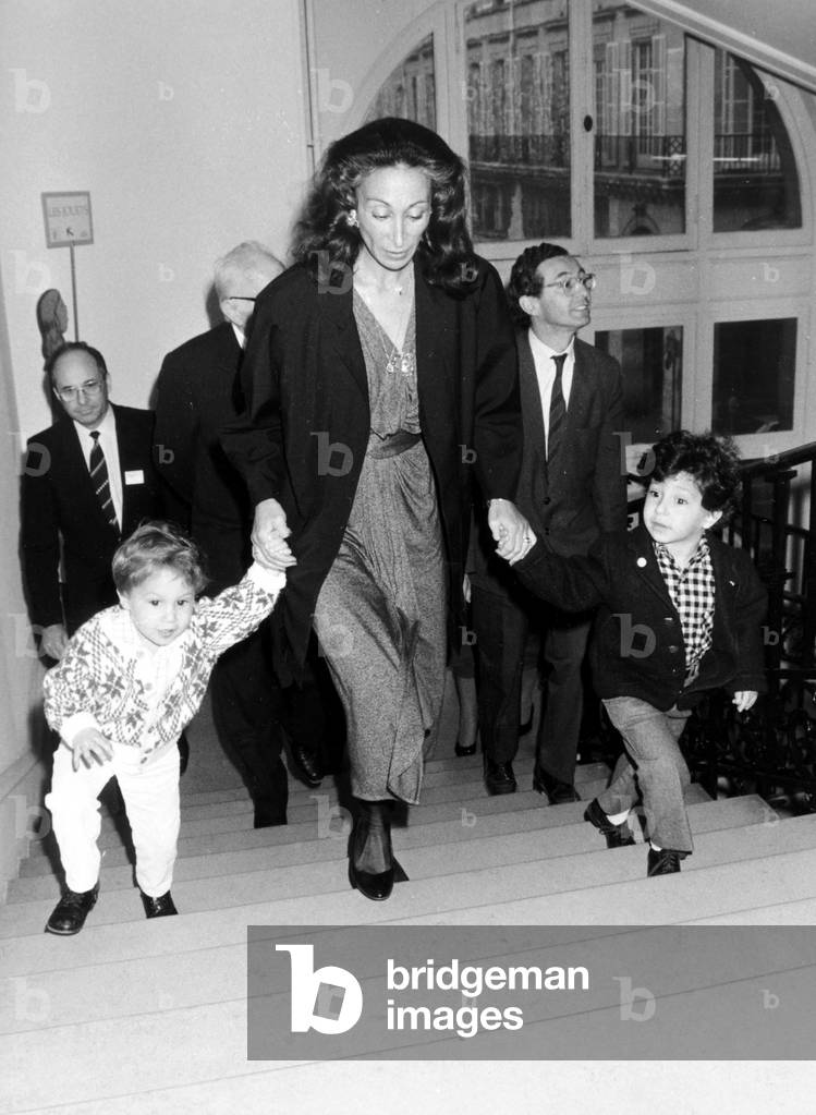 Francoise Castro (Wife of Laurent Fabius) With Their Children Thomas and Victor at Opening of Toy Museum on October 23, 1985 (b/w photo)