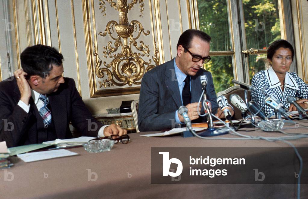 Speech of Jacques Chirac French Prime Minister in 1974 About The Measures of The Government For Birth Control and the Law on Abortion That Followed He Is With Michel Durafour Minister of Work Labour (L) Et Simone Veil Minister of Health (R) (photo)