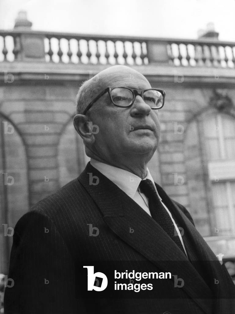 Edgar Faure, French Menister of Education, here Leaving Council of Ministers in at Elysee Palace in Paris on April 17, 1968 (b/w photo)