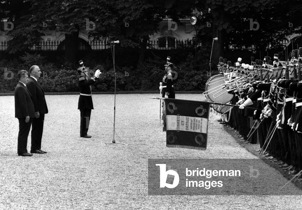 French President Georges Pompidou and Romanian Politician Nicolae (Nicolas) Ceausescu (Ceaucescu) at The Elysee in Paris, June 15, 1970 (b/w photo)