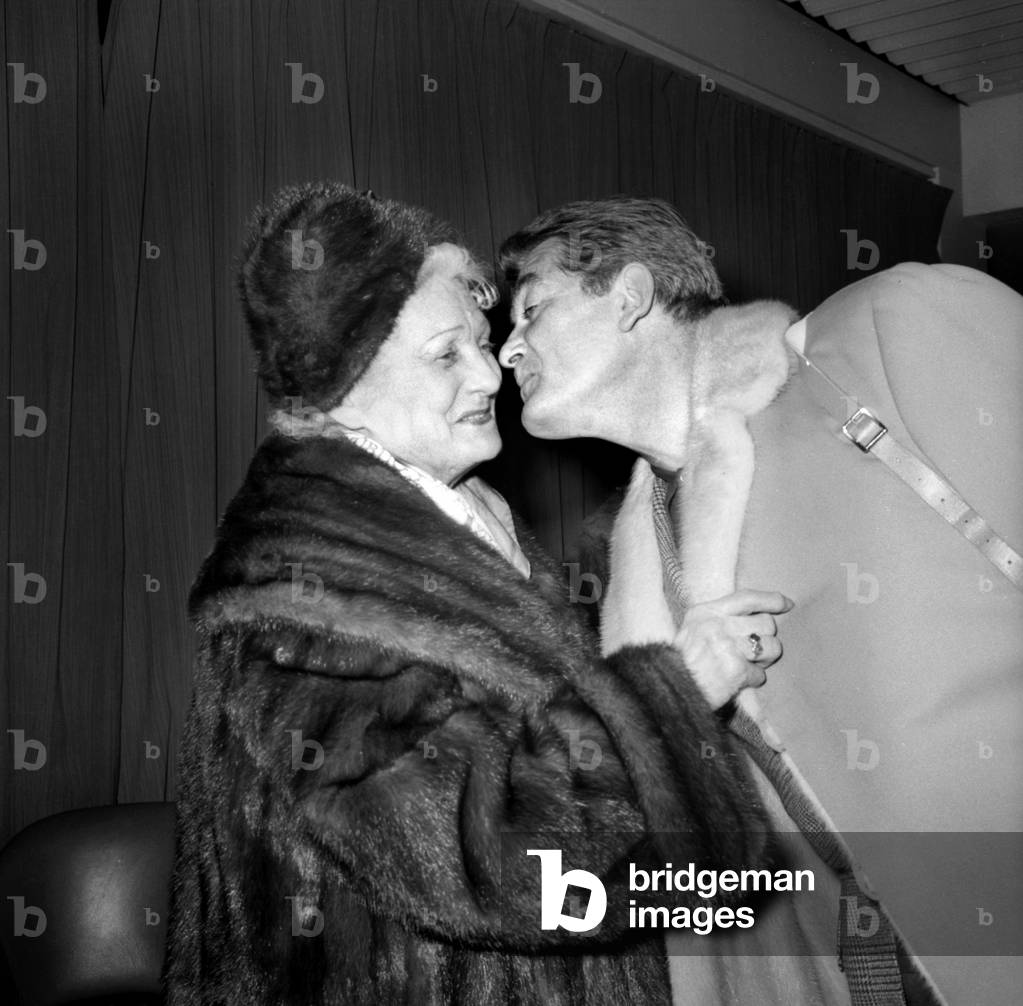 Jean Marais at Bourget Airport With his Mother Rosalie on October 23, 1964 (b/w photo)