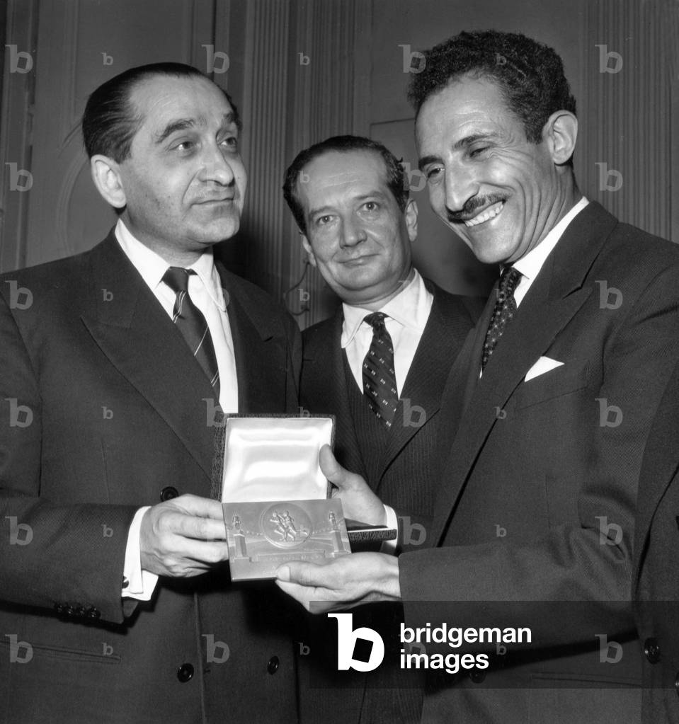 Pierre Mendes-France and Olympic Champion Alain Mimoun and in The Center Stefanaggi, Radical Candidate, January 4, 1957 (b/w photo)