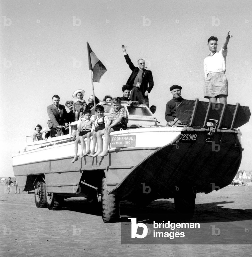Tourists on The Beach at Le Touquet, North of France June 18, 1950 (b/w photo)