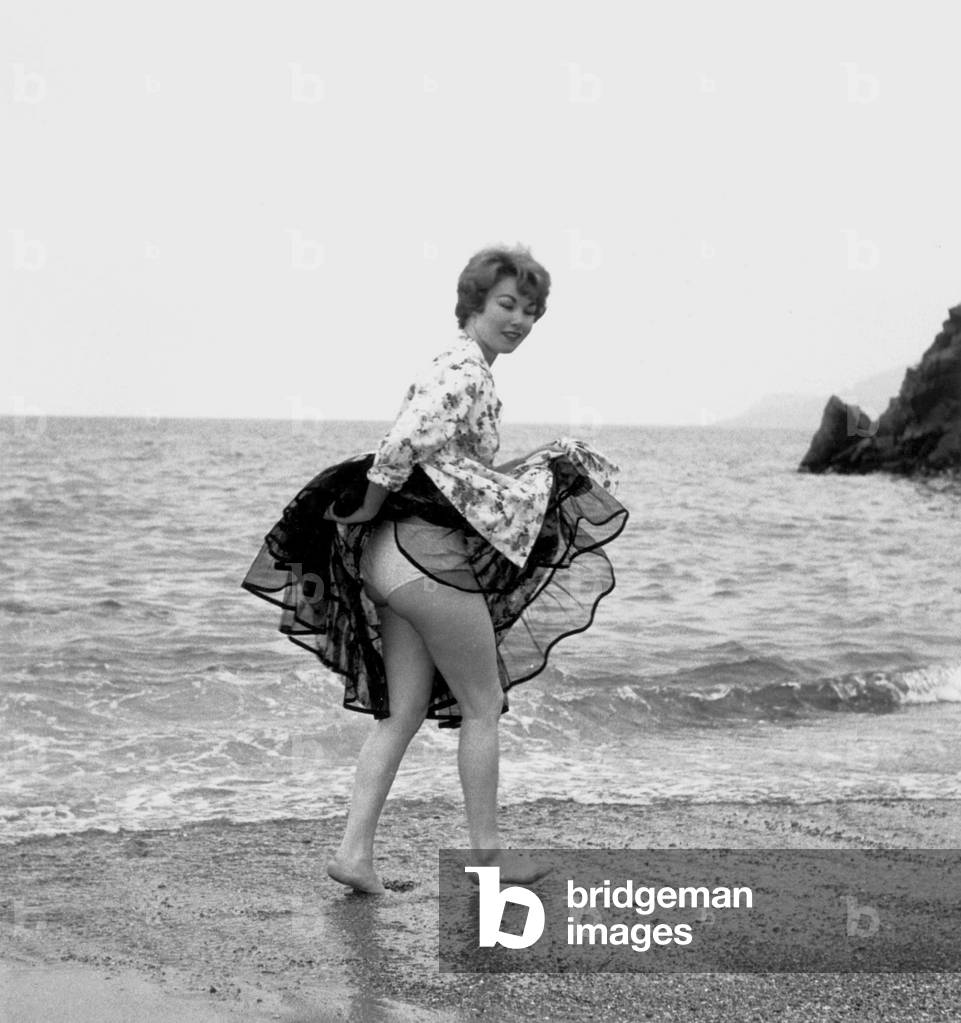 Nadine Tallier, Future Nadine De Rothschild, at Cannes Festival in May 1958 on The Beach  (b/w photo)