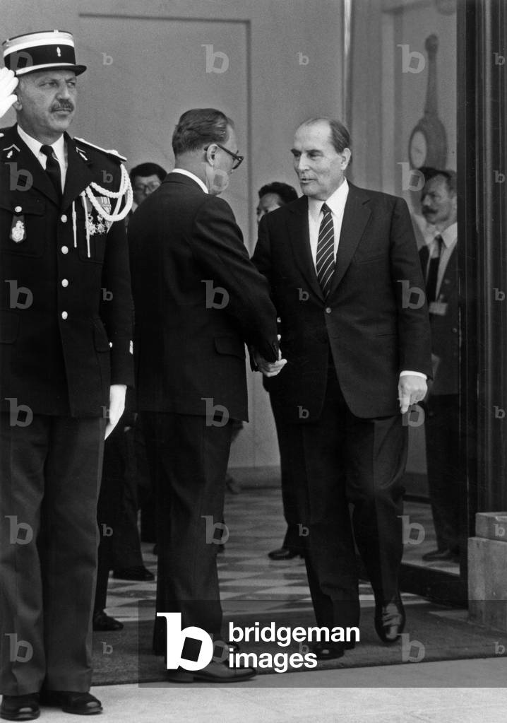 Zhao Ziyang, Chinese Prime Minister, Shaking Hand With French President Francois Mitterrand at Elysee, Paris, May 30, 1984 (b/w photo)