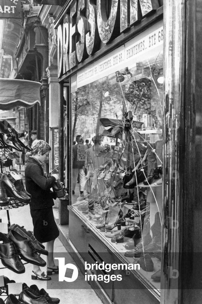 Demonstration of Students in Paris on May 3, 1968 : Broken Shop Window (b/w photo)