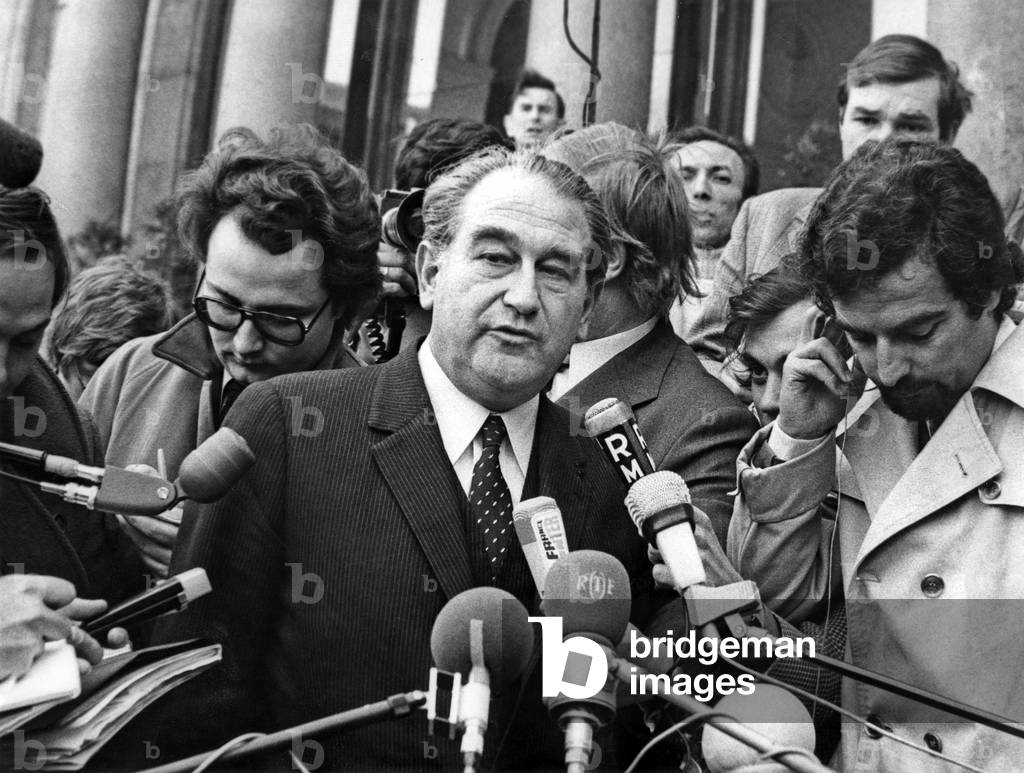 Joseph Comiti Minister Responsible for Relations with Parliament Spokesman for the Government Here Speaking With Journalists On His Release From The Elysee After The Council of Ministers April 6, 1973 (b/w photo)