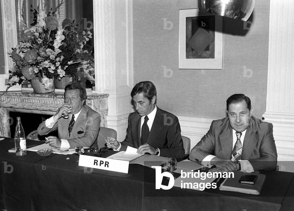 Emmanuel Aubert, Yves Guena and Charles Pasqua at Meeting of The 4 Parties of The Majority, Paris, August 10, 1977 (b/w photo)
