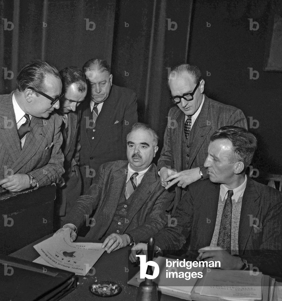 Socialist congress on December 13, 1949 in Paris : Edouard Depreux, Robert Foucart, Pierre Commin, Guy Mollet (b/w photo)