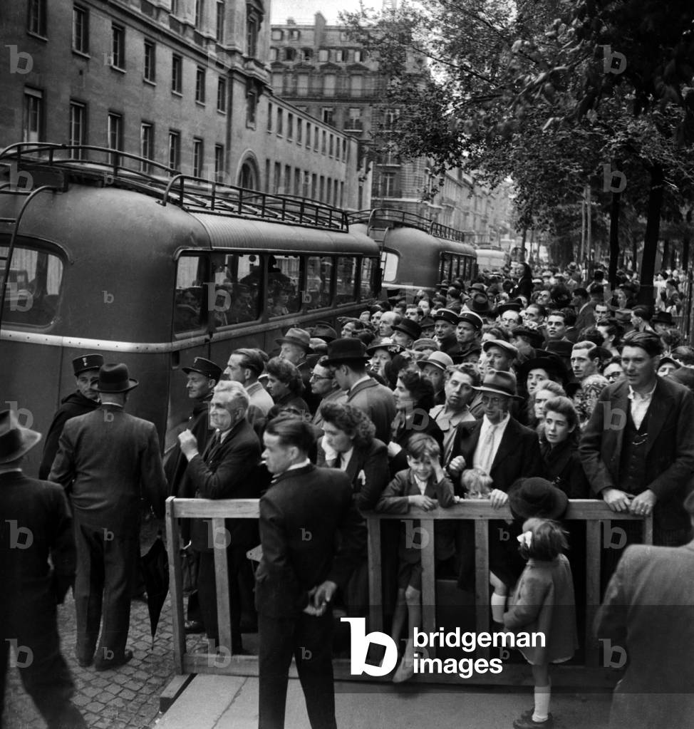 Strike of French Railways in France June 8, 1947 : here People Are Carried By Bus (b/w photo)
