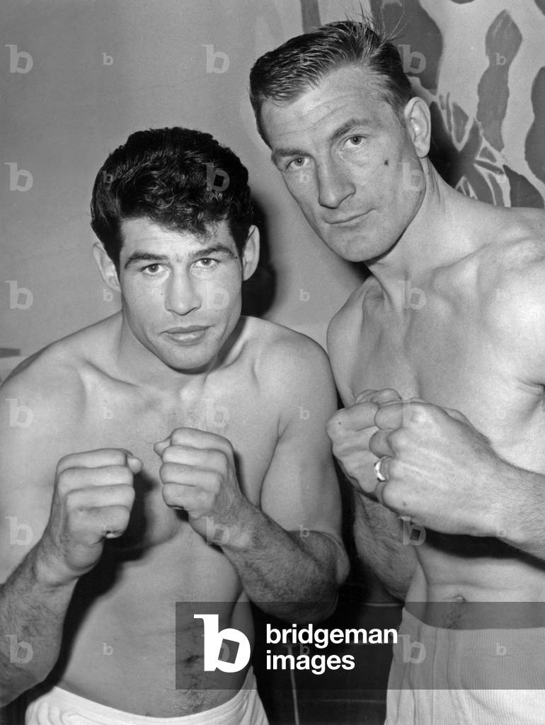 Bernard Thebault And Lion Ven At La Pesee Before Their Meeting At The Palais des Sports On November 8, 1965 (b/w photo)