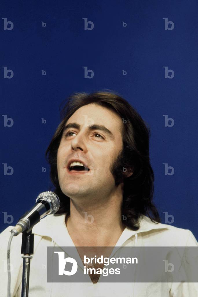 French singer Michel Delpech during recording of a tv programme, January 1975 (photo)