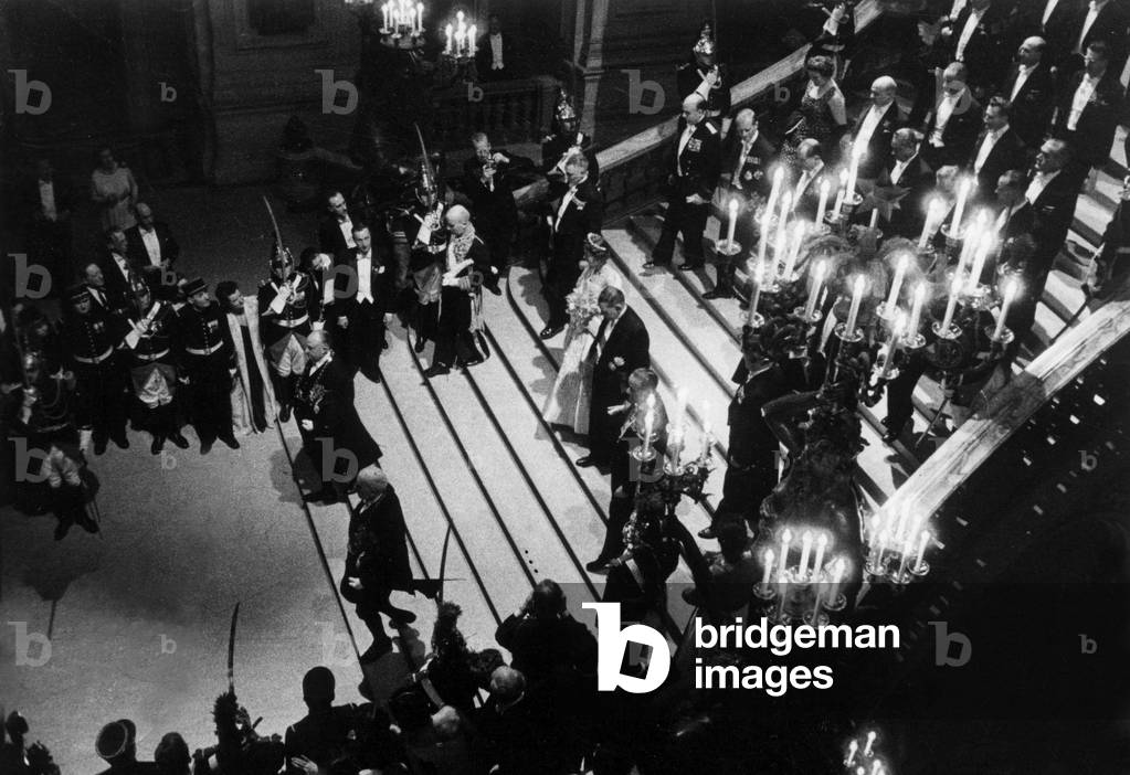 Visit of Queen of England Elizabeth Ii in Paris, April 9, 1957 : here at Garnier Opera With French President Rene Coty (b/w photo)
