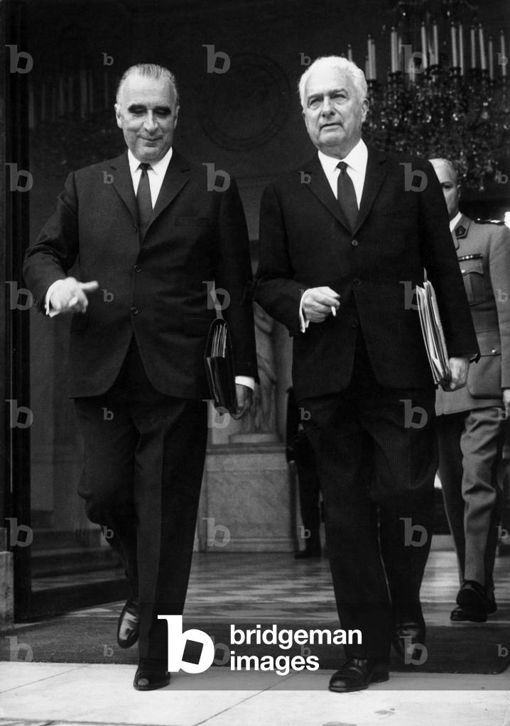 Georges Pompidou (L,French Prime Minister) and Louis Joxe (French Minister of Justice) Leaving The Elysee Palace in Paris After A Council of Ministers, April 30, 1968 (b/w photo)