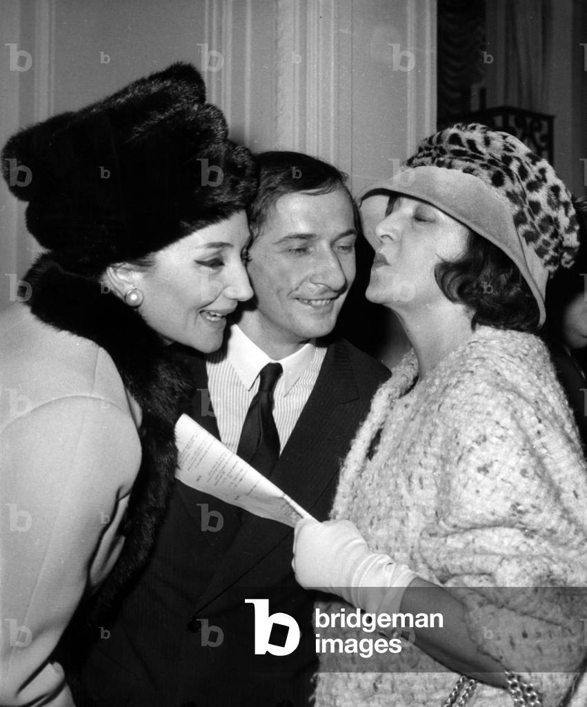 Marc Bohan (Dressdesigner For Dior) congratulated By The Viscountess Jacqueline De Ribes (L) and the Actress Marie Bell After The Showing of The Dior Collection, Le 28 Janvier 1965  (b/w photo)