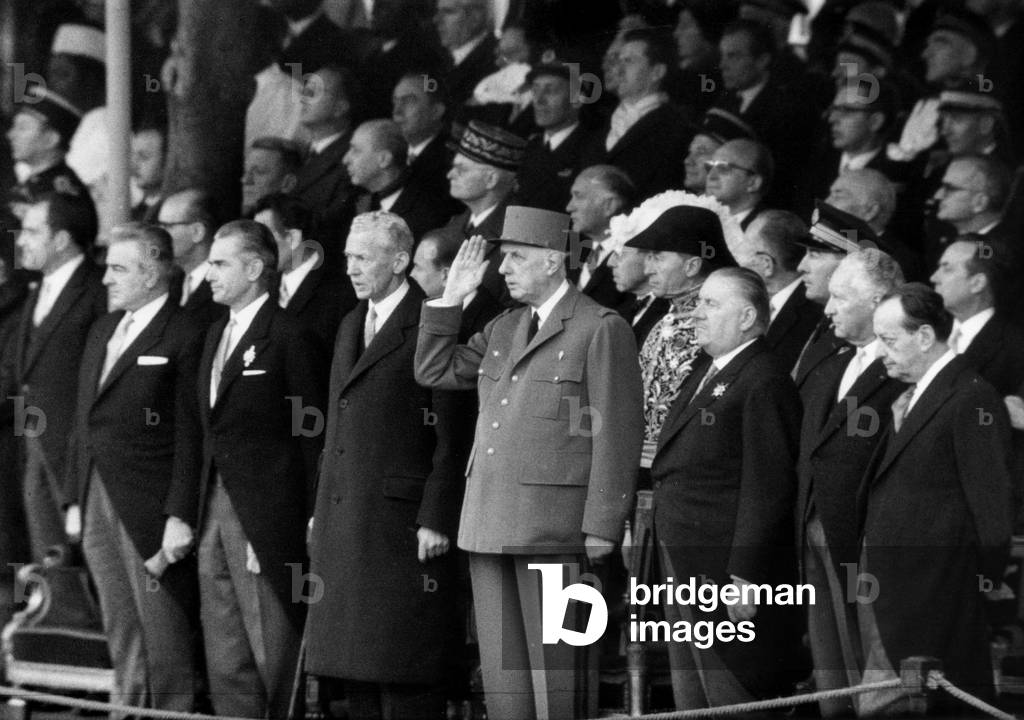 during Parade on November 11, 1968 : French President Charles De Gaulle With L-R : Henri Duvillard, Jacques Chaban-Delmas, Maurice Couve De Murville, Alain Poher, Pierre Messmer and Andre Malraux (b/w photo)
