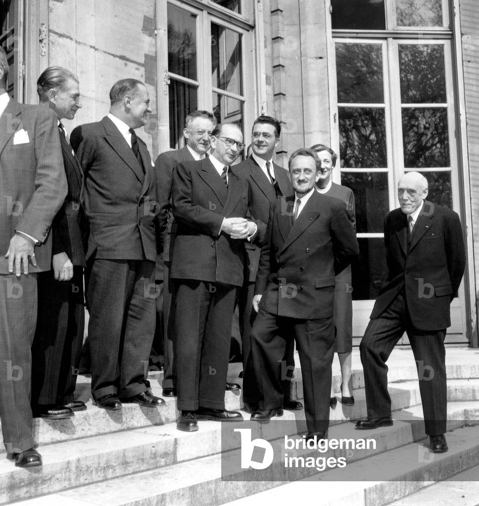 Henri Longchambon Gaston Palewski Edgar Faure Felix Gaillard Francis Perrin and De Broglie at Conference For Pacific Use of Nuclear Energy April 21, 1955 (b/w photo)
