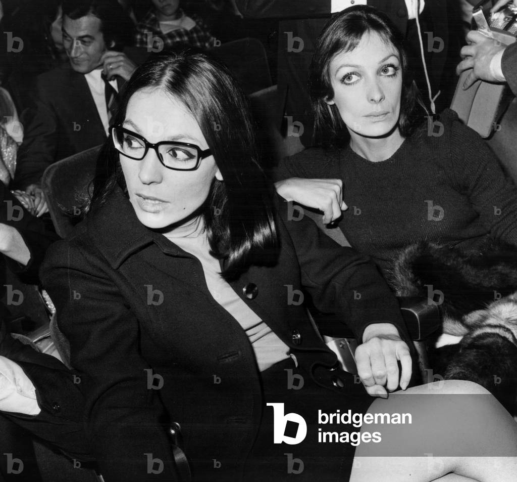 Nana Mouskouri and Marie Laforet at The Olympia in Paris For Joedassin Show on October 24, 1969 (b/w photo)