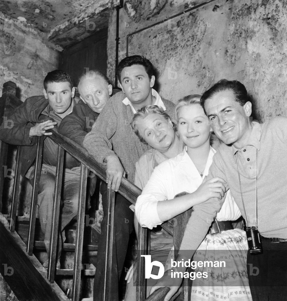 French Actors Robert Hossein, Lucien Raimbourg, Roger Hanin, Beatrice Bretty, Marina Vlady and Director Jean Valere on Set of Film The Verdict, 1959 (b/w photo)