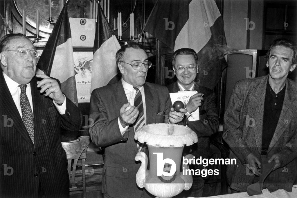 Press Conference for “Au Nom du Peuple Français” Ici Leon Zitrone Yves Mourousi, L'Avocat Maitre Jacques Verges and Jean Edem Hallin (b/w photo)