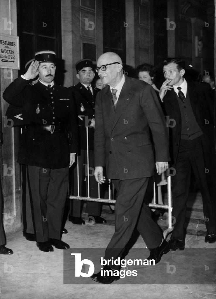 Maurice Patin (President of The Court) at The Law Courts in Paris at Challe and Zeller Trial on May 30, 1961 (Affair of The Military Putsch in Algiers during War in Algeria) (b/w photo)