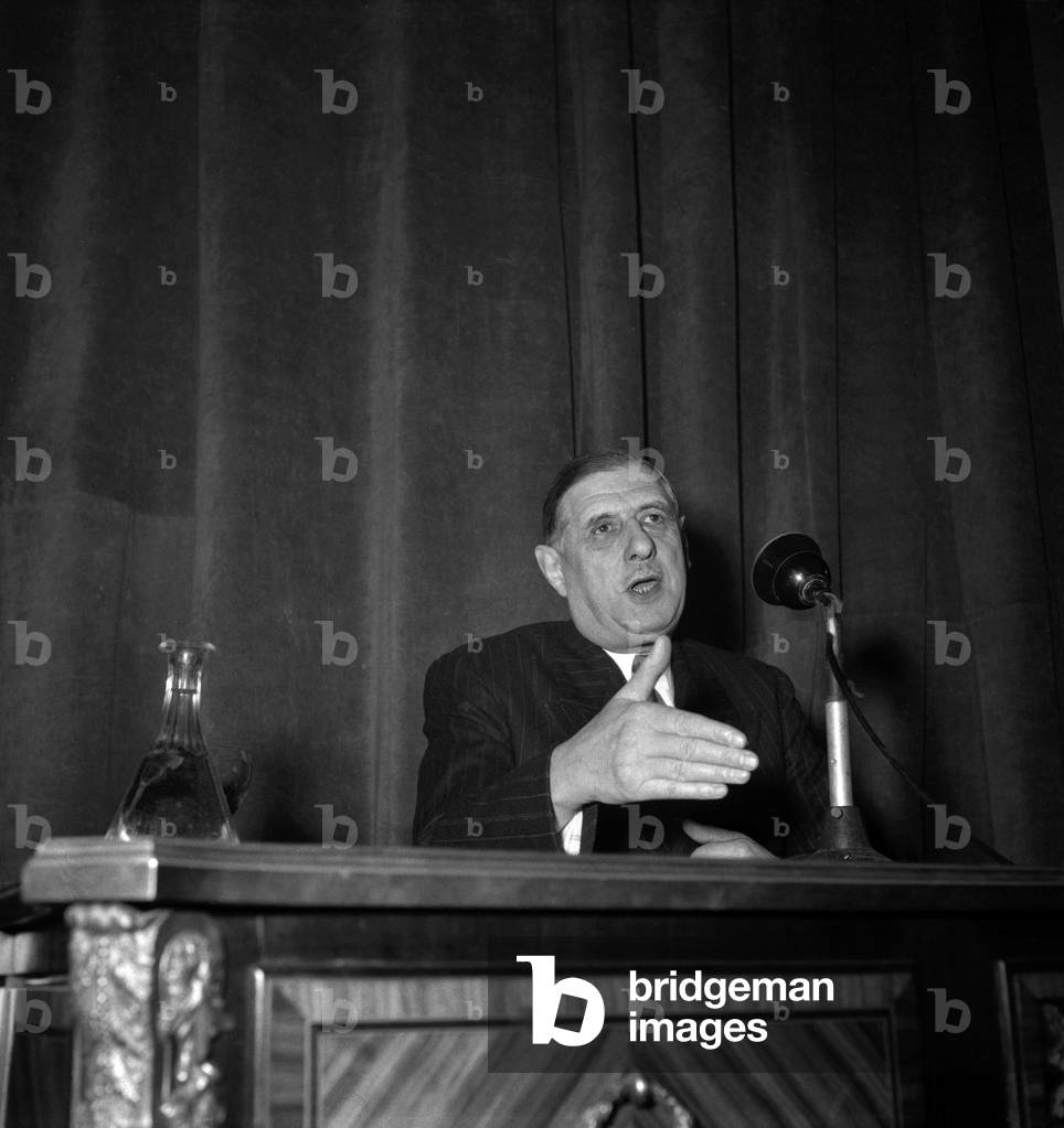 General Charles De Gaulle during a press conference, Paris, November 14, 1949 (b/w photo)