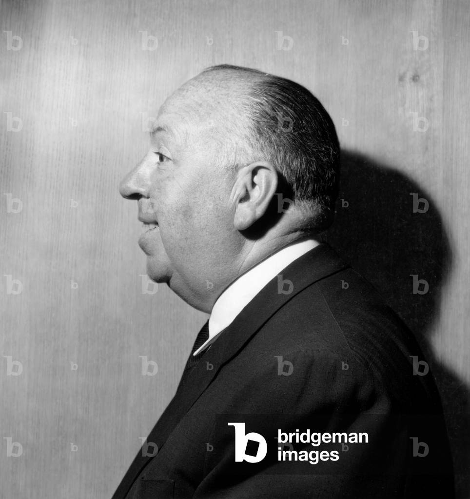 Alfred Hitchcock in Paris on March 14, 1958 (b/w photo)