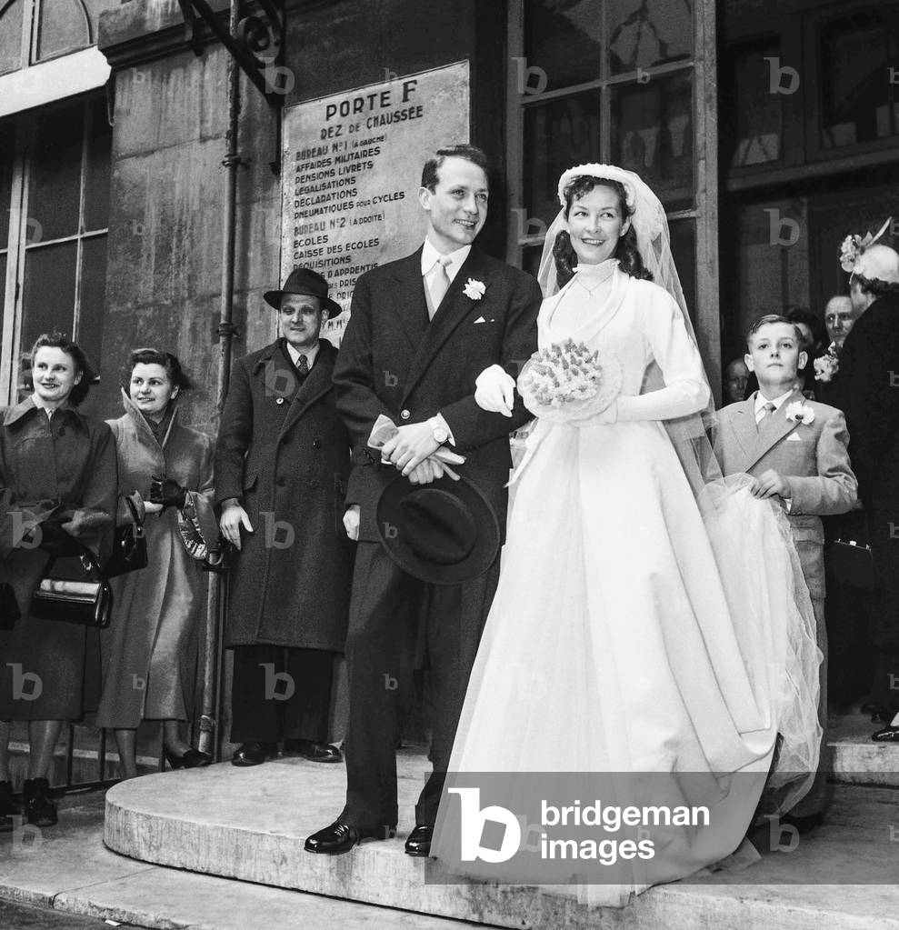 Wedding of French actors Odile Versois and Jacques Dacqmine, Paris, March 17, 1951 (b/w photo)