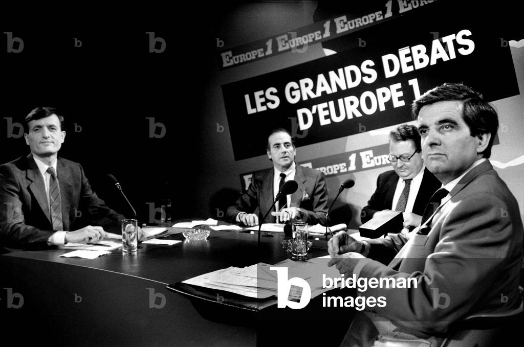 Debate Between French Minister of Education Jean-Pierre Chevenement and Francois Leotard during A Radioprogram, With The French Reporter Jean-Pierre Elkabbach and Gerard Carreyrou. December 06, 1985. (b/w photo)