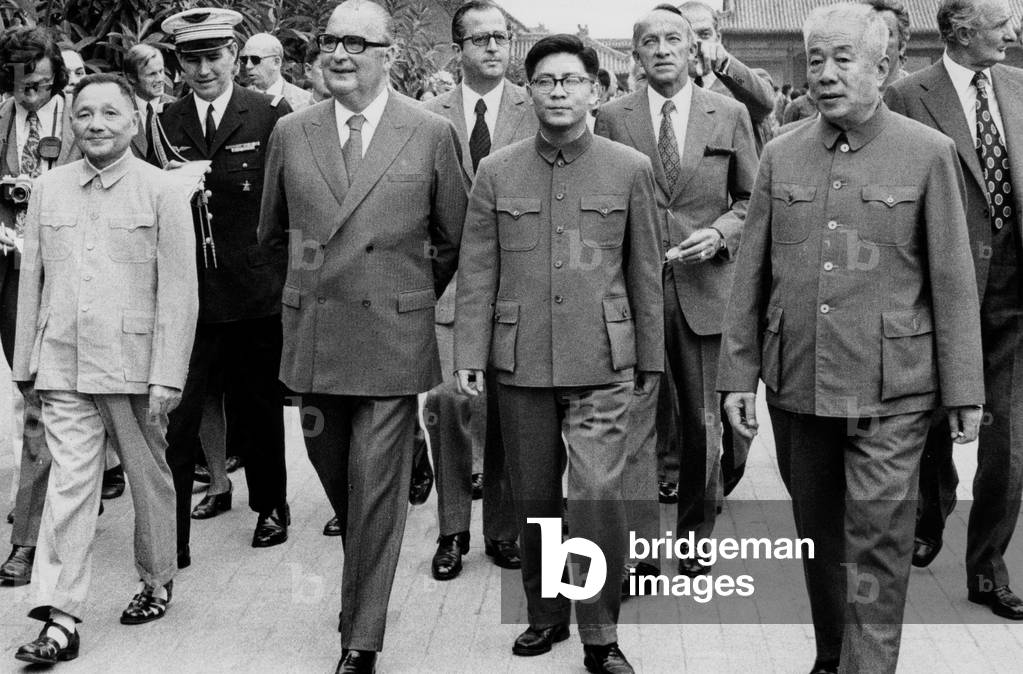 Travel of French President Georges Pompidou in China in 1973 : L-R : Deng Xiao Ping, Pompidou, ?, Dong Biwu Behind Is Edouard Balladur (b/w photo)