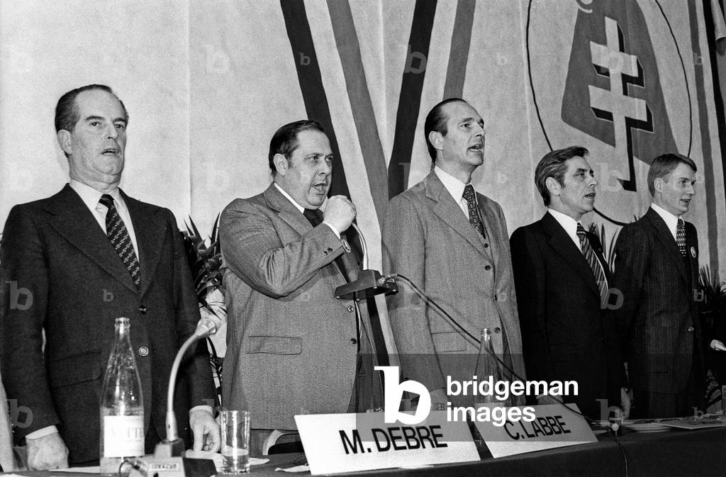 Claude Labbe, Charles Pasqua, Jacques Chirac, Yves Guena and Alain Devaquet at Congress of The Rpr (Rally For The Republic) on April 10, 1978 (b/w photo)