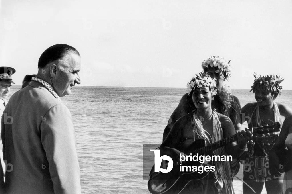 Visit of French Prime Minister Georges Pompidou in Mururoa (Polynesia) Where Will Be French Nuclear Tests, July 31, 1964 (b/w photo)