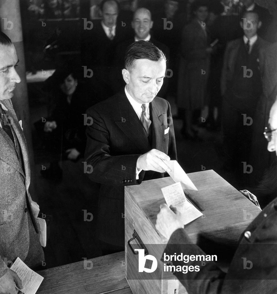 Bidault in Front of Ballot Box After The Elections He Will Become French President Provisional Government (b/w photo)